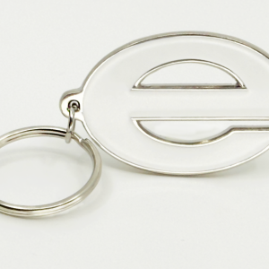 Key Chain, metal 'e', red or white