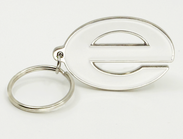 Key Chain, metal 'e', red or white